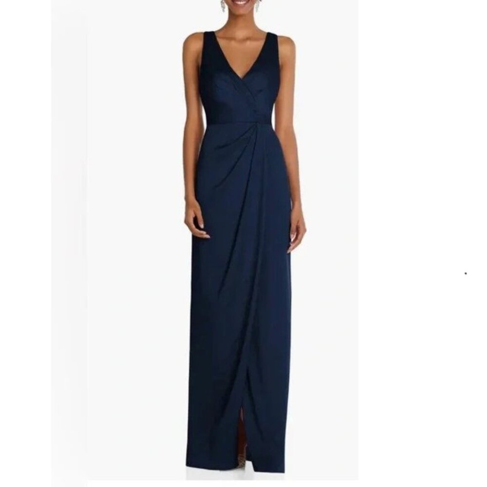New After Six Style 6864 Midnight Navy Sleeveless Satin Faux Wrap Gown  P3341
